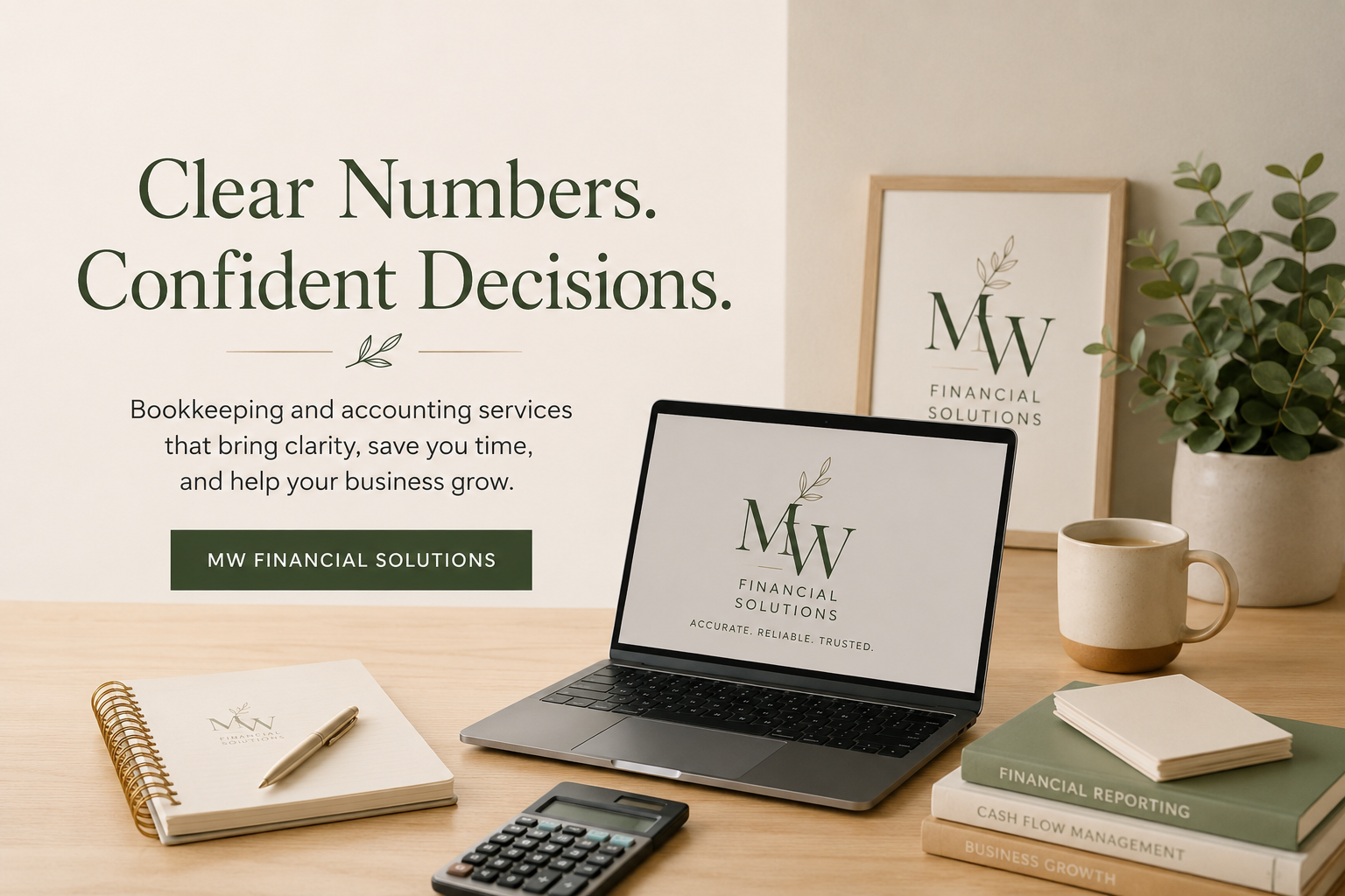 Desk with open laptop displaying 'MW Financial Solutions' logo, notebooks, calculator, pen, coffee mug, framed 'MW Financial Solutions' sign, and potted plant.