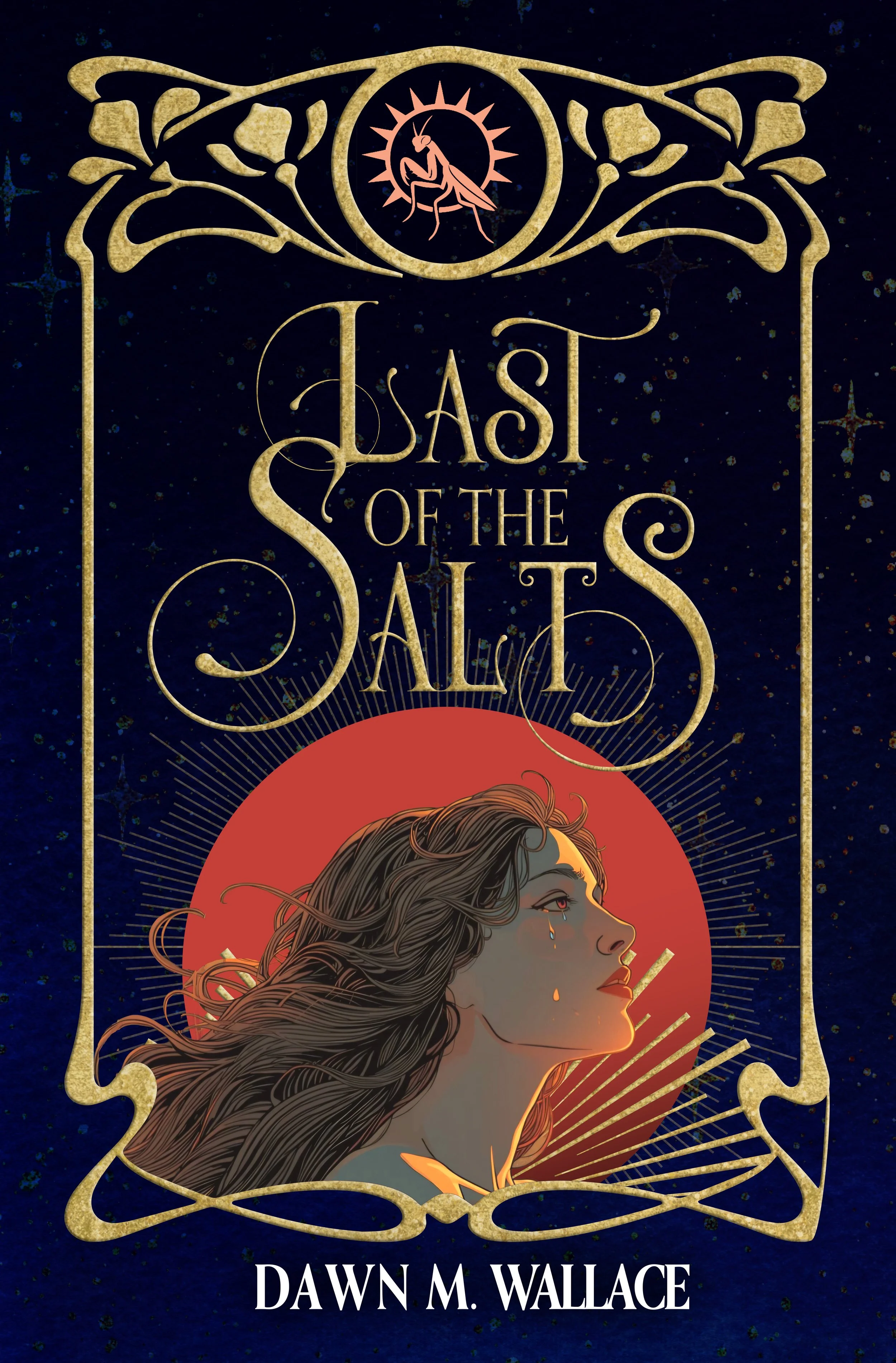 Book cover for "Last of the Salts" by Dawn M. Wallace featuring an illustrated profile of a woman with flowing hair and a tear, set against a red circle, with a dark starry background and a gothic ornate border.