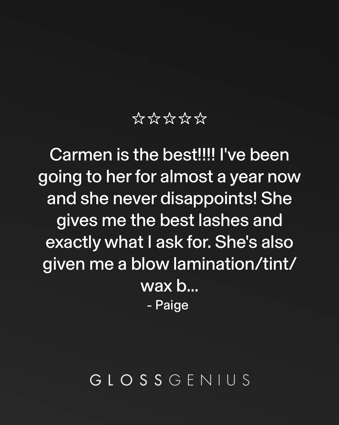 Customer review for GlamGenius eyelash extension technician, praising Carmen's service, lashes, and tint/wax.
