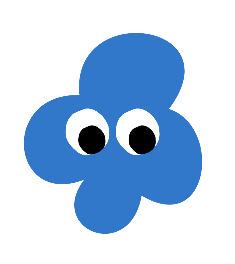 A blue, cartoon-style flower with five rounded petals and large googly eyes.
