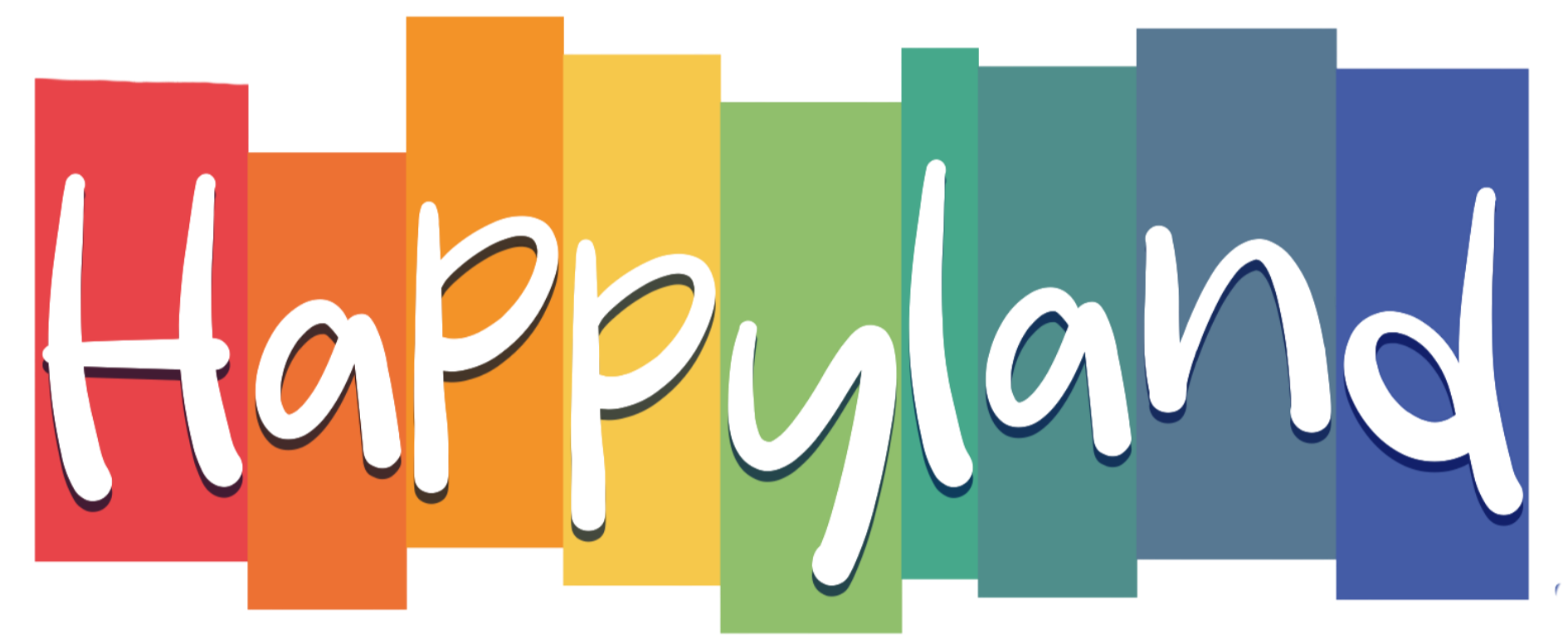 Colorful rainbow background with the words 'Happyland' written in white script font.
