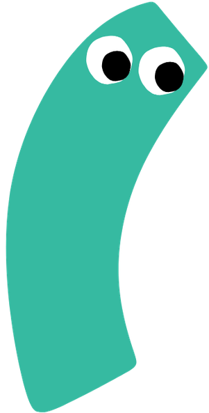 Cartoon character with a curved, teal body and two large, white eyes with black pupils.