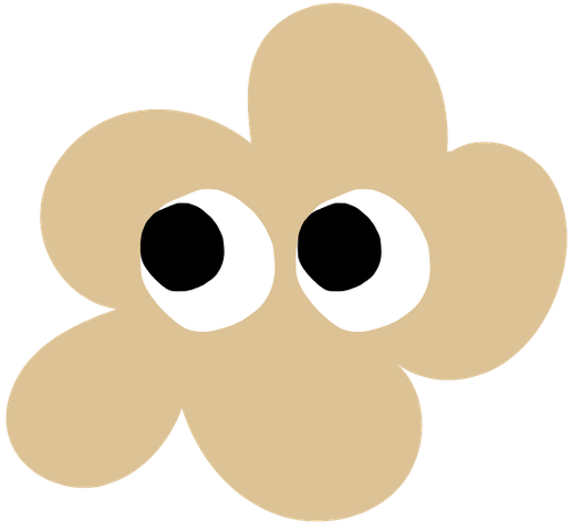 A cartoon flower with beige petals and big black and white eyes.