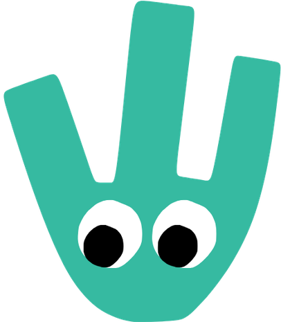A teal hand with large cartoonish eyes on the palm.