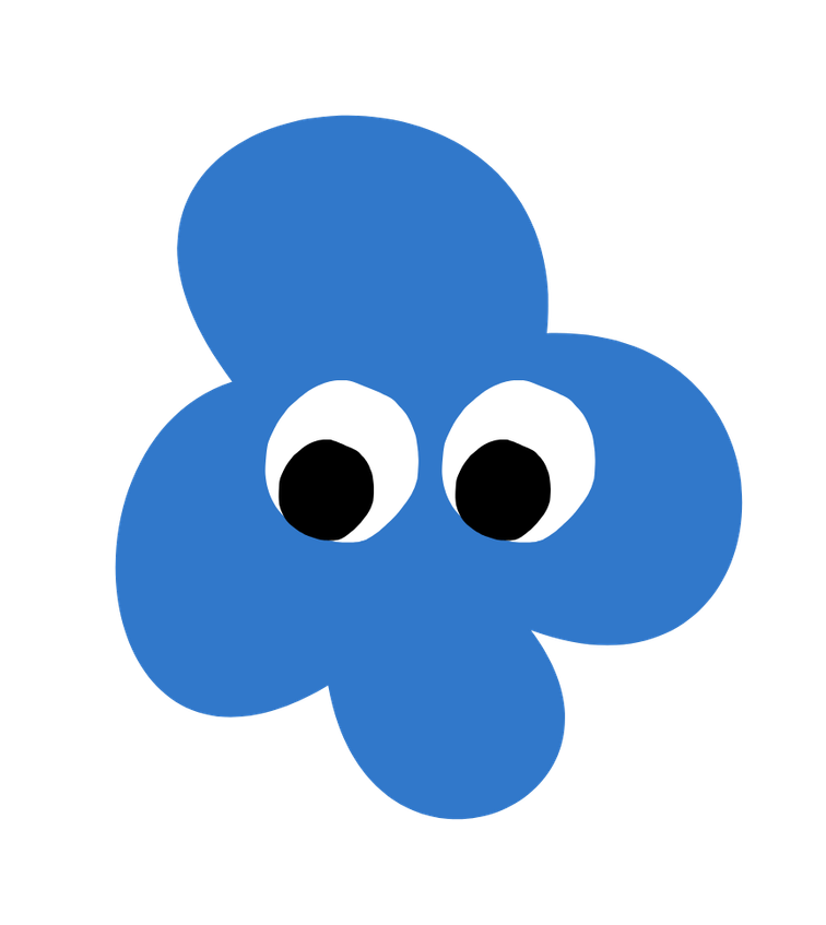 A cartoon blue flower with four rounded petals and two large, googly eyes.