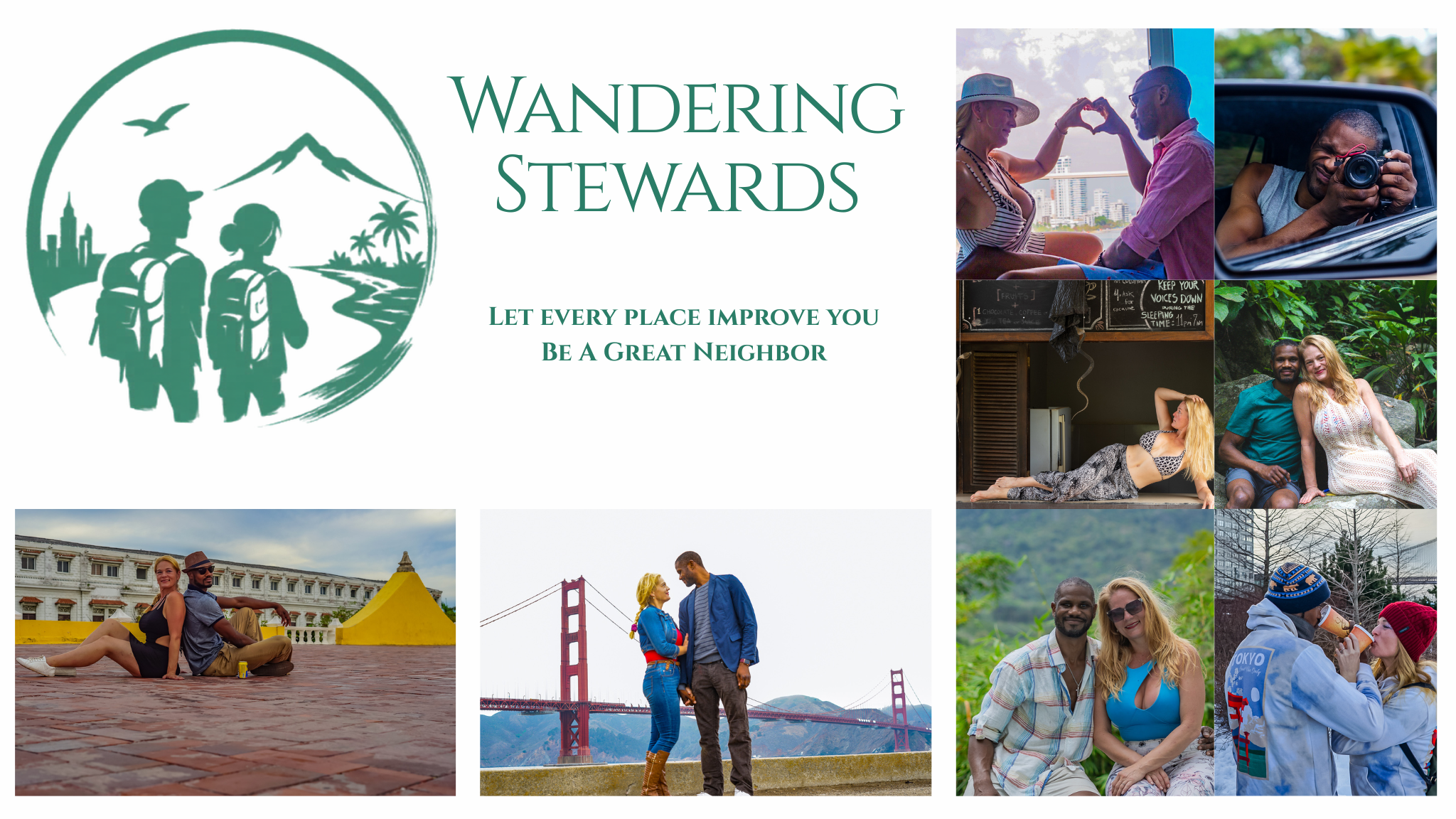 A collage featuring a logo with two hikers, the phrase "Wandering Stewards," and various photos of diverse people traveling, exploring cityscapes, and enjoying nature.