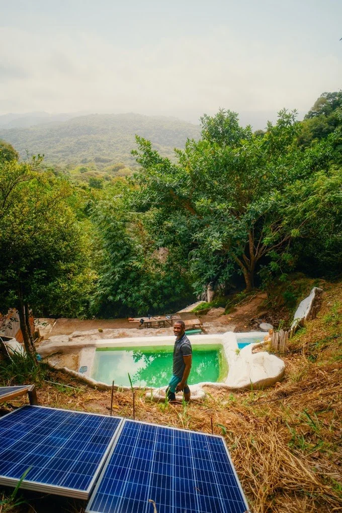 A man standing next to a small, rectangular green pool in a forested area with trees, greenery, and distant mountains, and solar panels in the foreground.