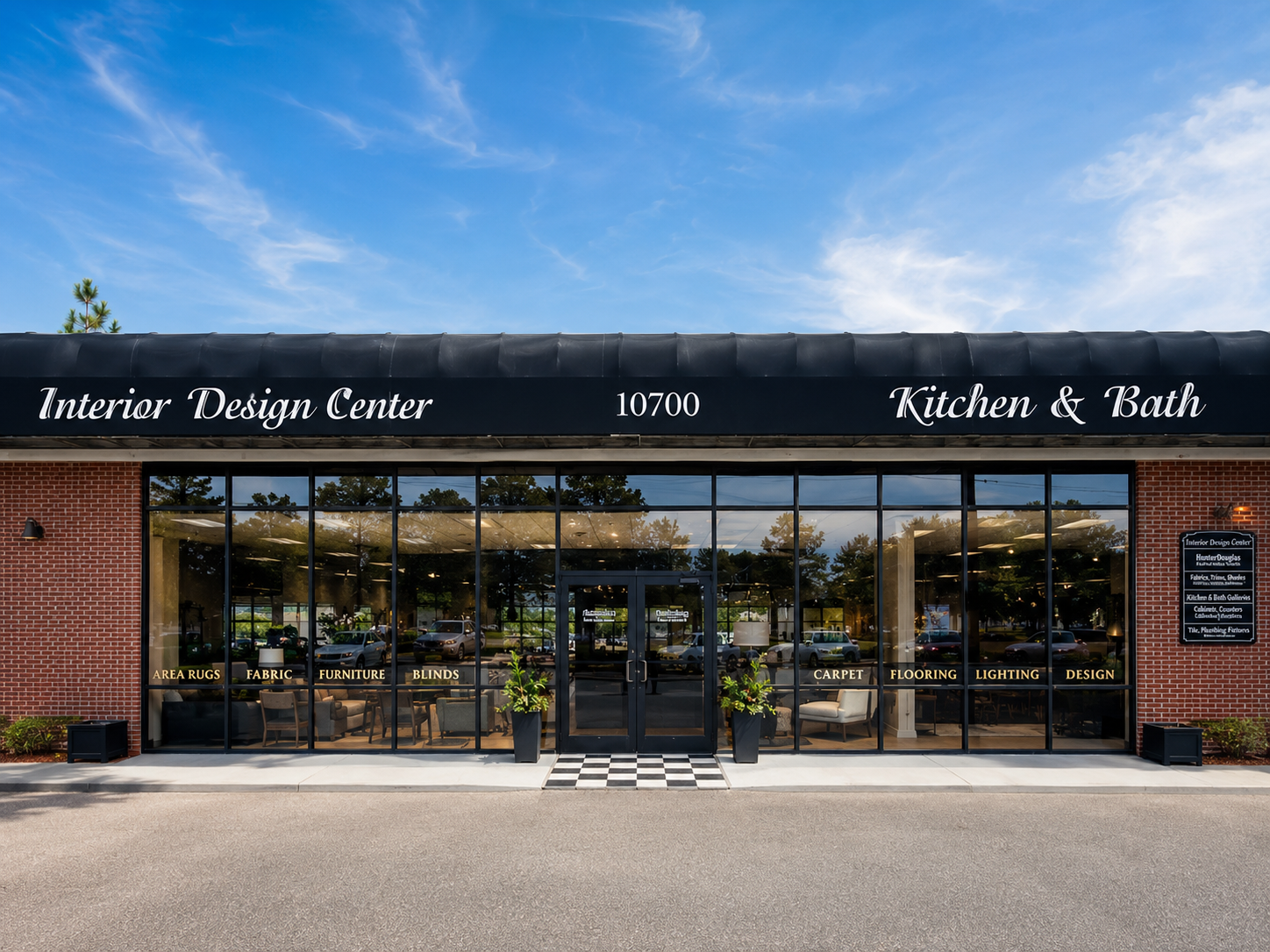 Exterior view of a store called Interior Design Center, located at 10700, with large glass windows displaying furniture and home decor items inside, and signage indicating it offers kitchen and bath design services.
