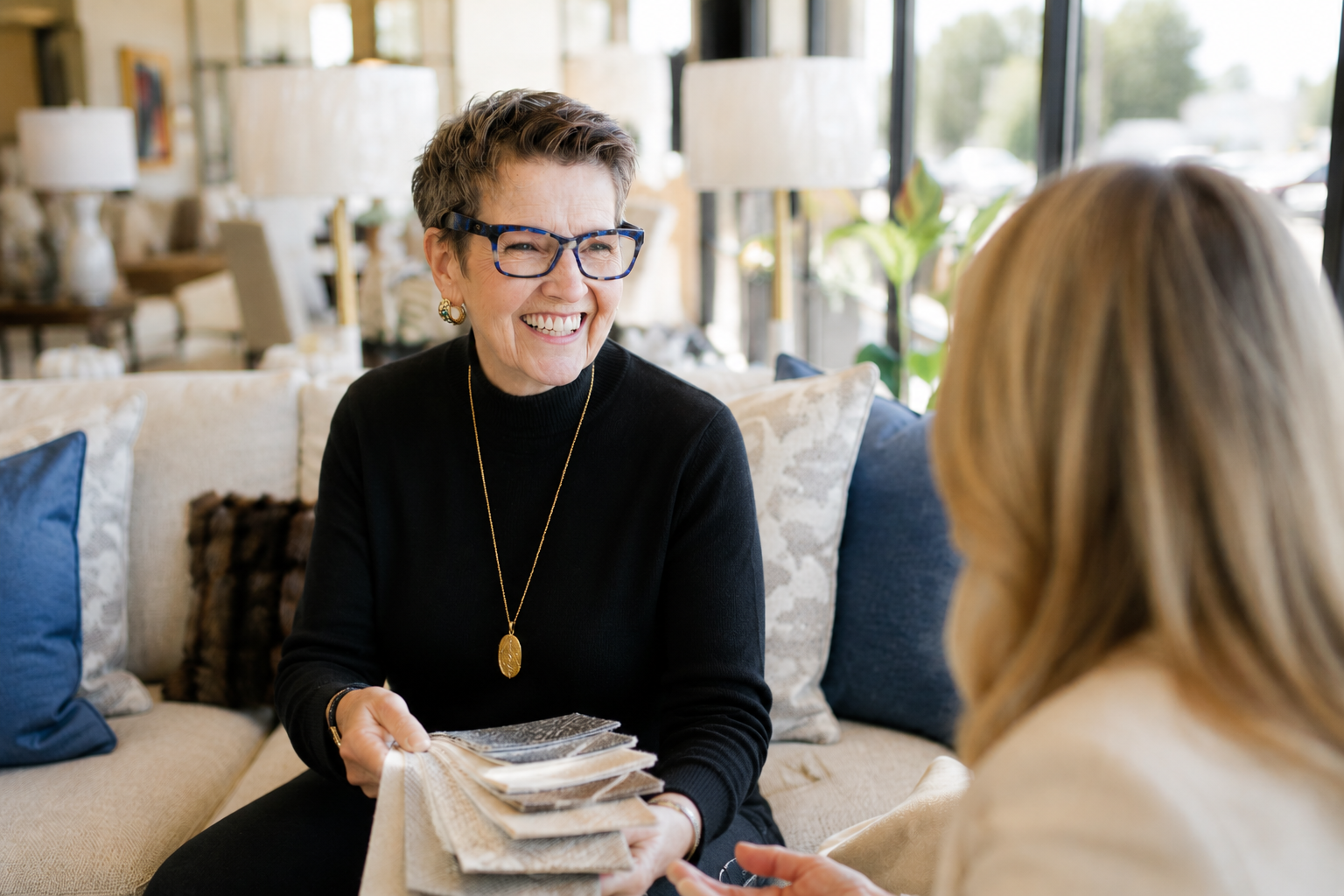 An elderly woman with short hair, glasses, and gold jewelry smiling and showing fabric samples to a woman with blonde hair in a cozy, well-lit furniture store or showroom.