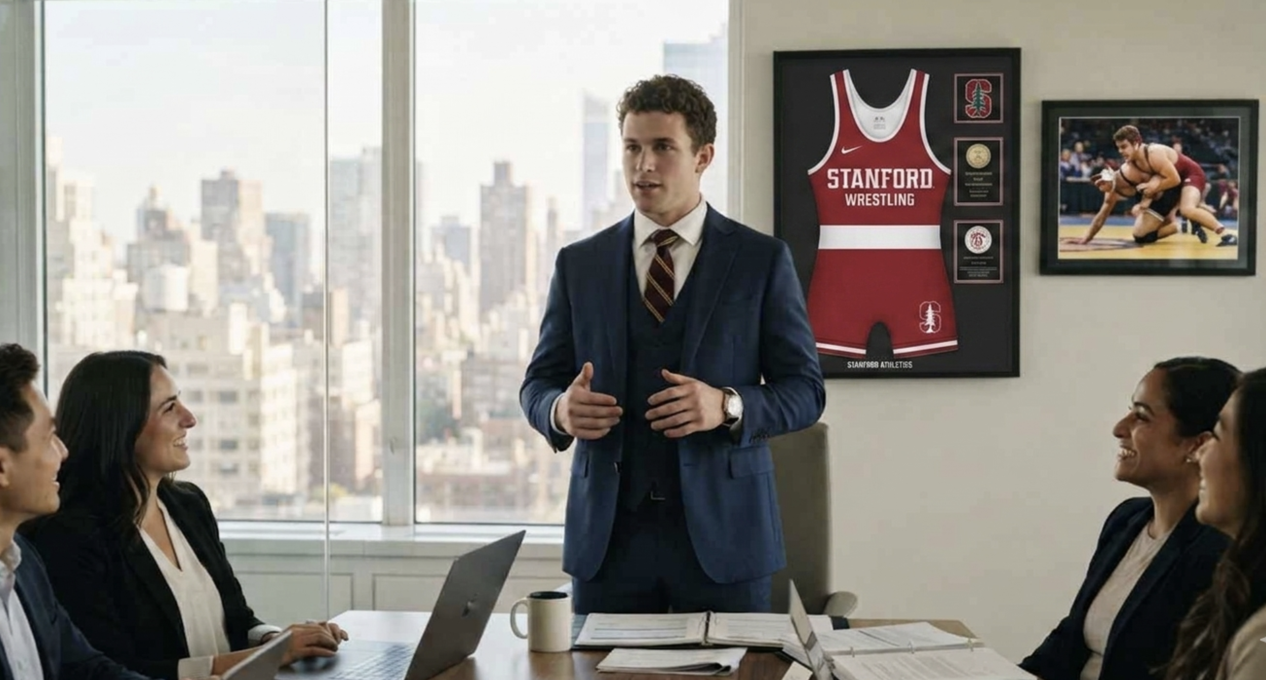 A man in a blue suit and striped tie giving a presentation to a group of diverse seated women in an office conference room. The room has large windows with a city skyline view and sports memorabilia, including a Stanford wrestling jersey and framed photos, on the wall.