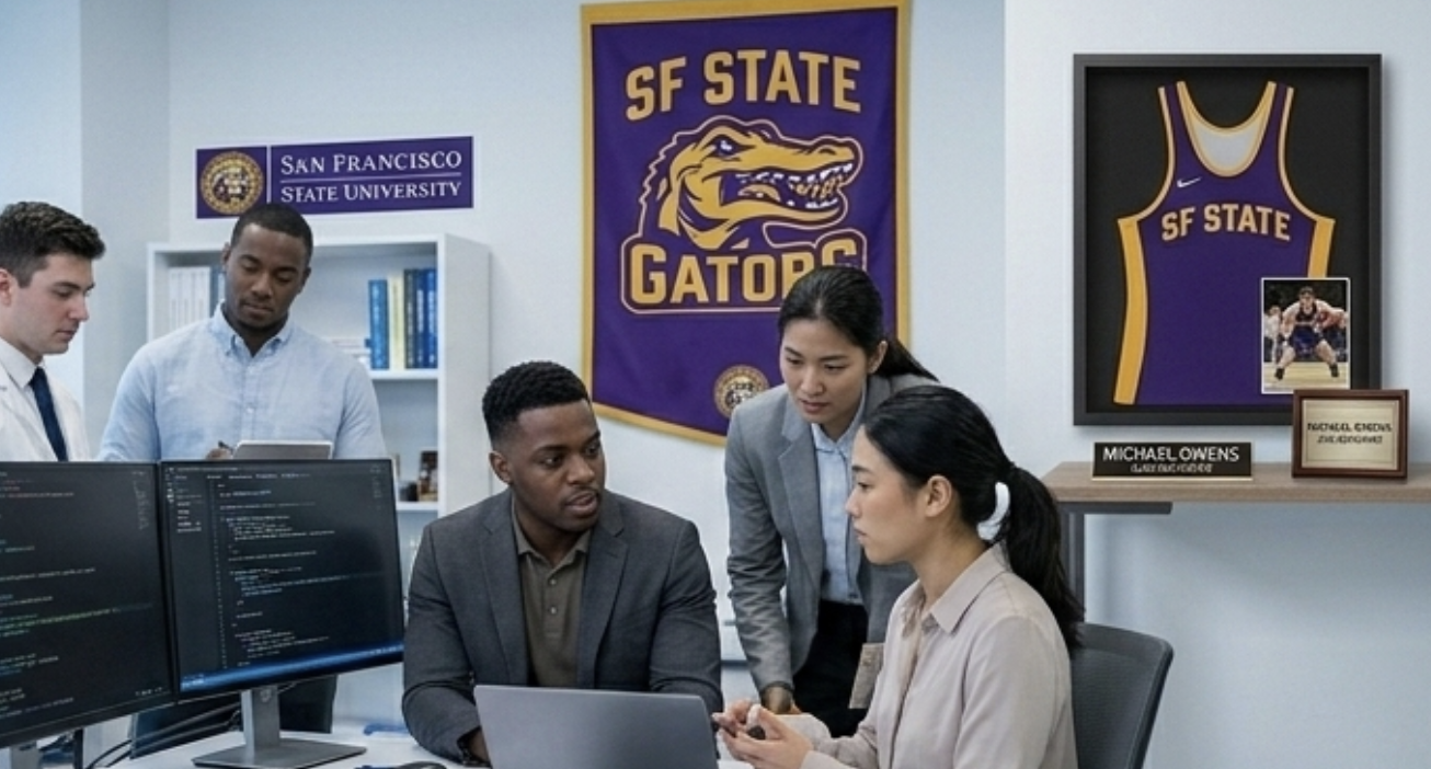 Four people in a room with San Francisco State University banners, two men and two women, focused on a laptop and computer screens, discussing work.