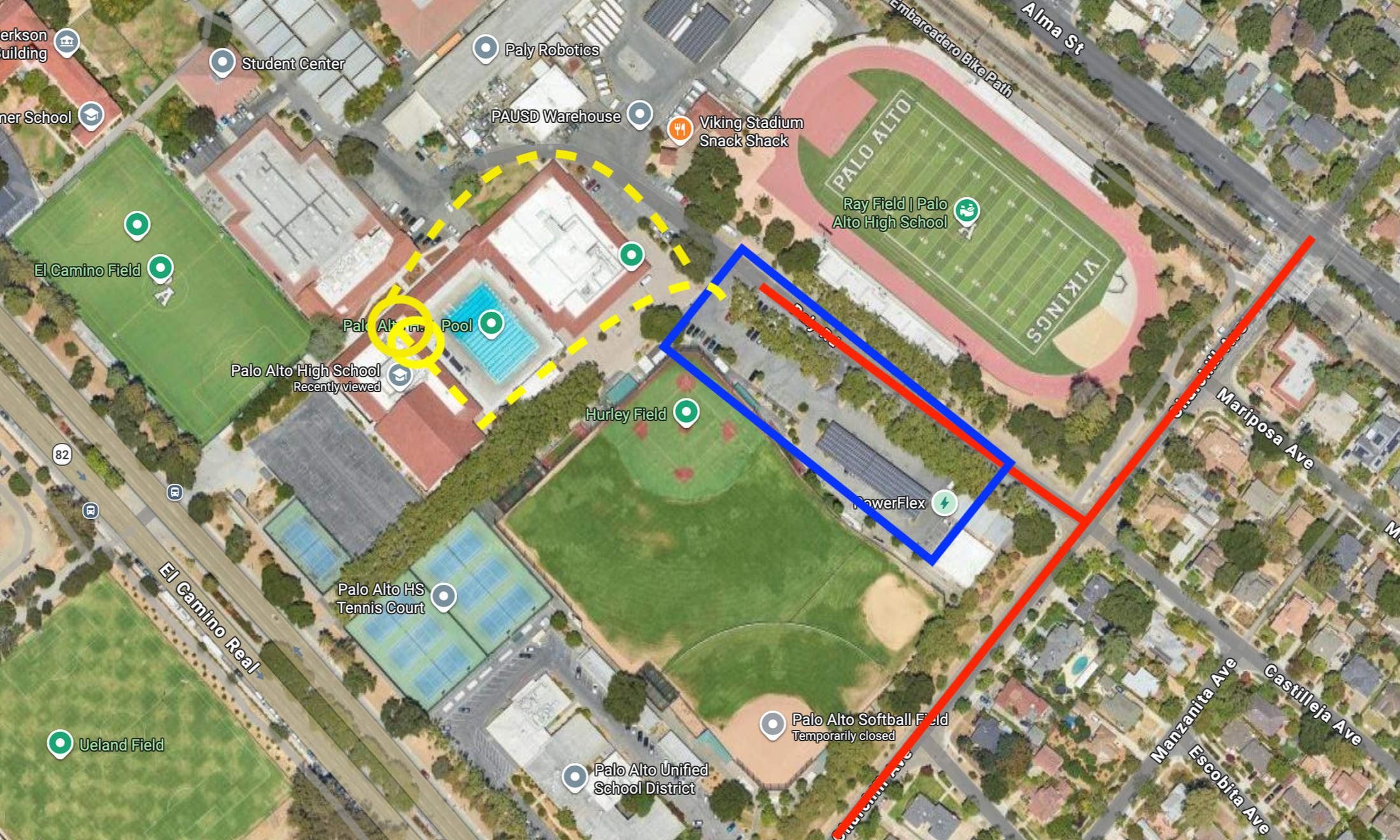 Aerial map of Palo Alto High School campus showing sports fields, school buildings, parking lots, and surrounding streets with color-coded pathways and marked points of interest.