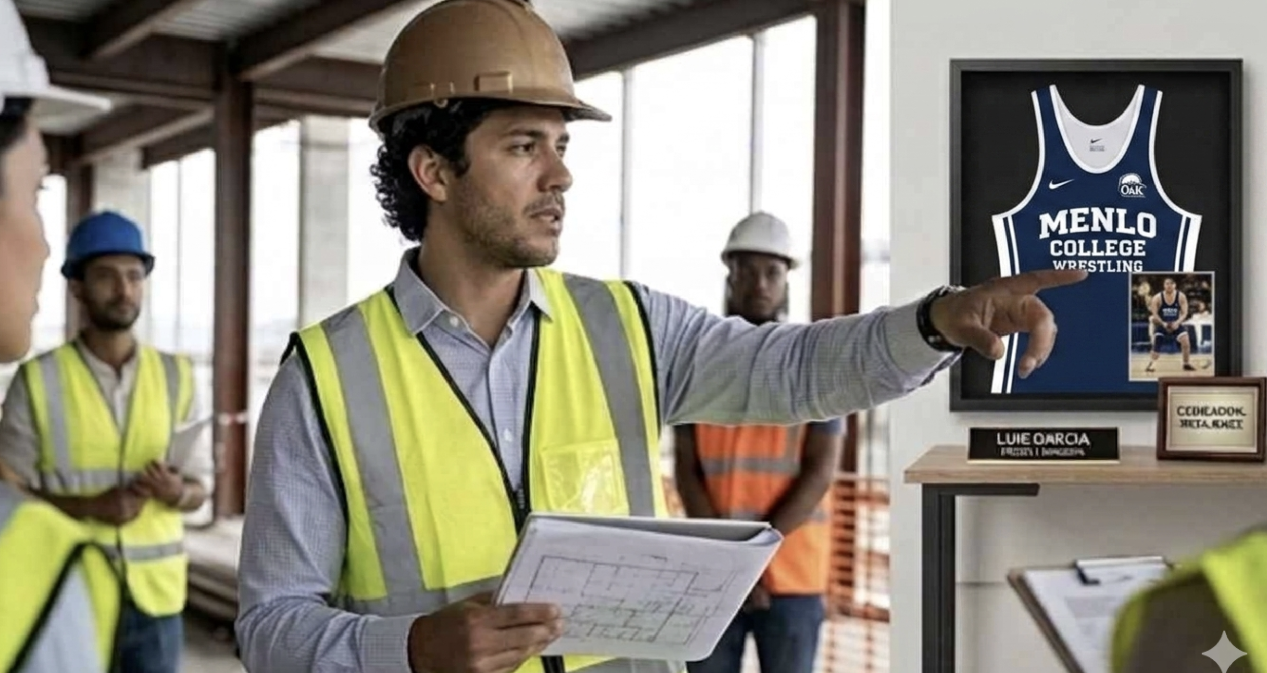 A man in a yellow safety vest and hard hat pointing at a framed sports jersey on display while holding a clipboard and papers. Others in safety vests and helmets observe in the background.