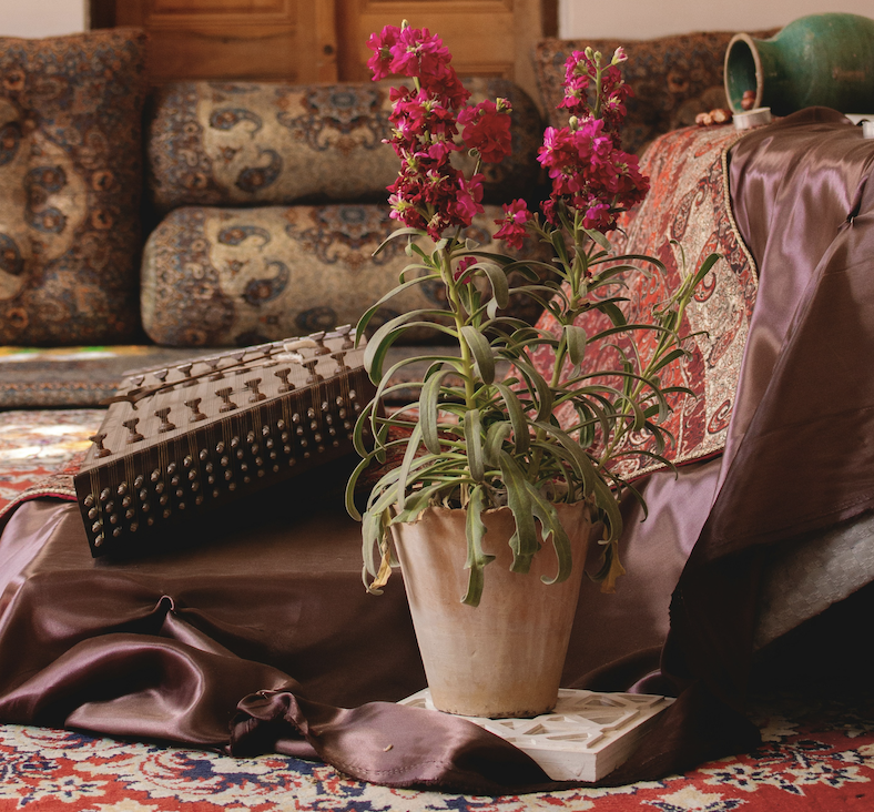 A potted pink flowering plant on a small white table in front of a patterned sofa in a cozy living room.