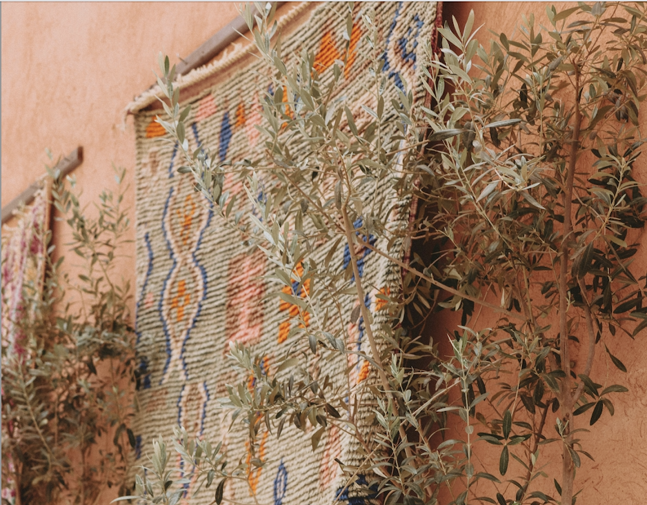 Decorative woven textile hanging on a textured wall with greenery and olive trees or shrubs around it.
