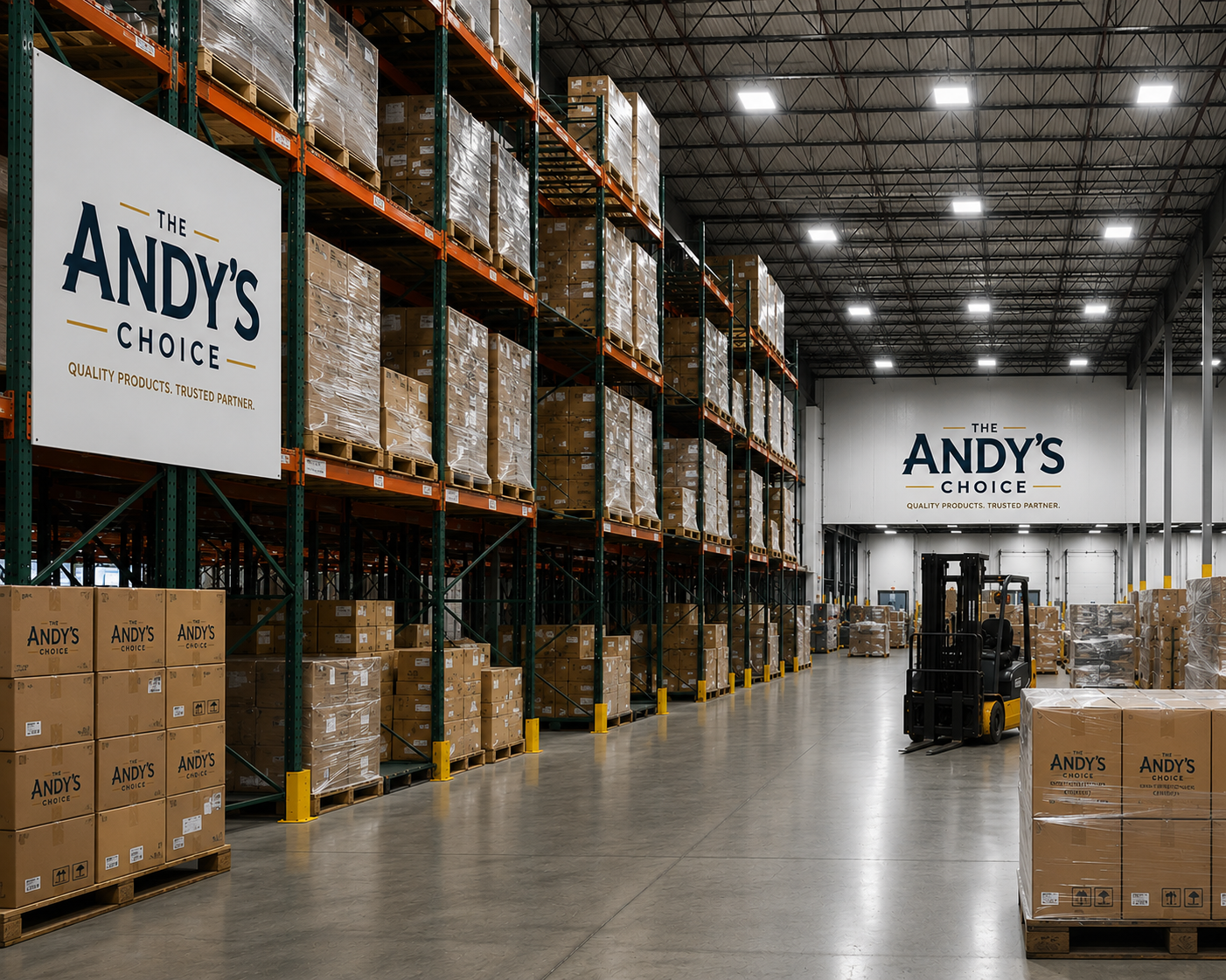 Warehouse interior with shelves filled with boxes labeled 'The Andy's Choice.' Large signs displaying 'The Andy's Choice' and tagline 'Quality Products. Trusted Partner.'