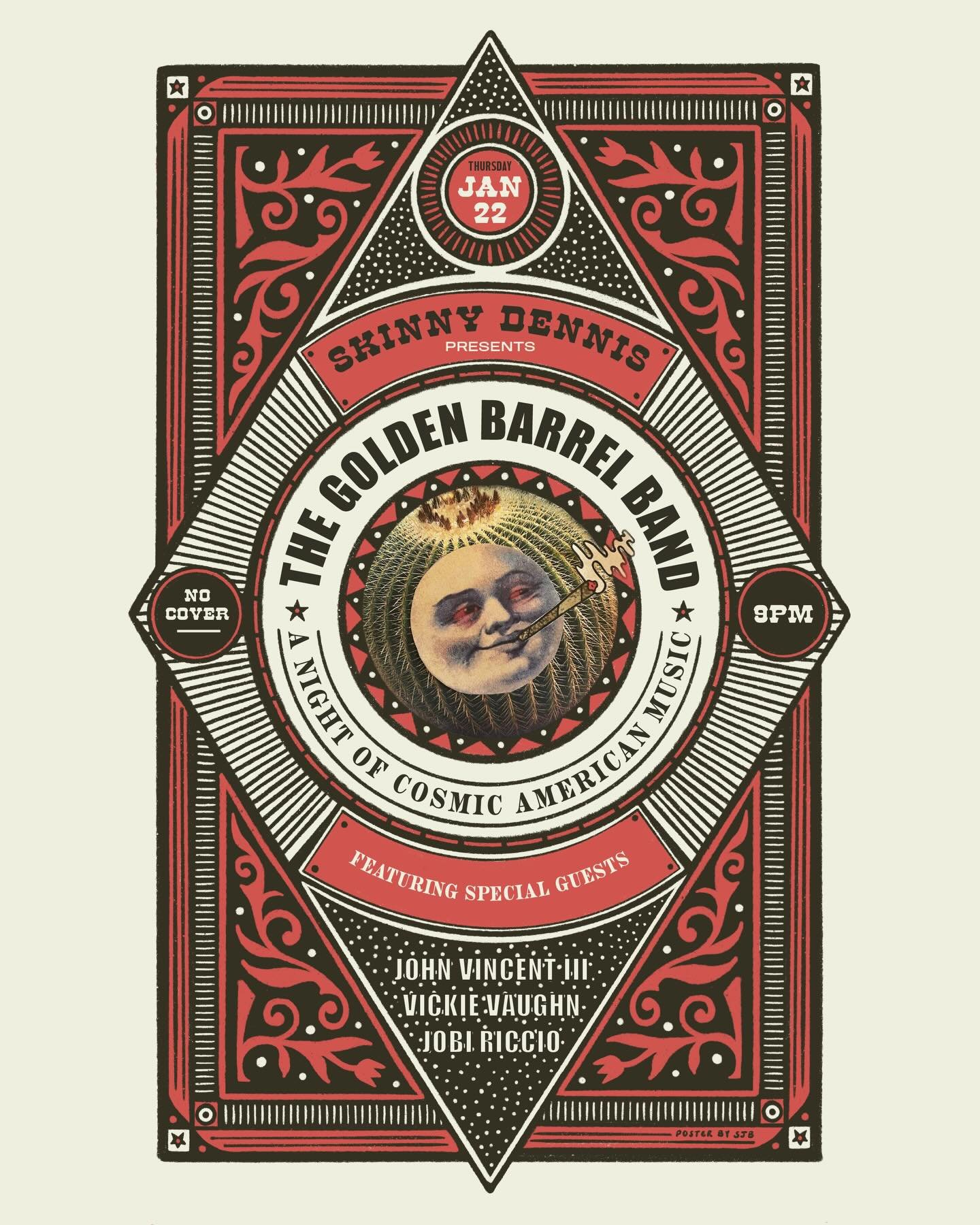 First illustrated poster of 2026 for my buddies @goldenbarrelband at @skinnydennis_nash 
🌵
I used inspiration from vintage packaging design, and baroque flourishes for this one. Come out on 1/22 if you&rsquo;re in Nashville!