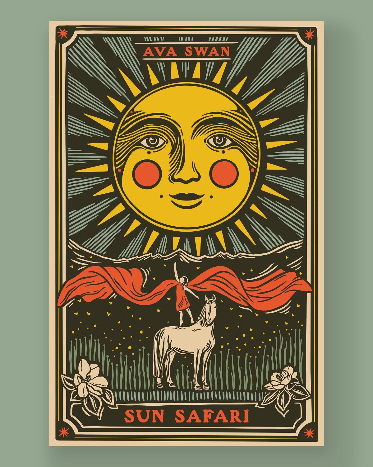 I am so excited to share the merch I created for @avaswansong debut album, Sun Safari! 
🌞
Ava and I first talked about this project back in the spring of 2024. From the beginning, the idea was to create a scene inspired by The Sun tarot card, with i