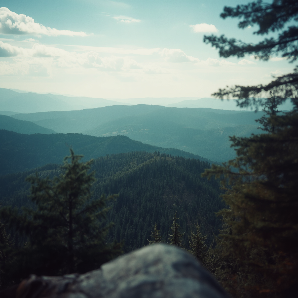 A scenic view of layered mountain ranges covered in dense green forest under a partly cloudy sky, with trees in the foreground.