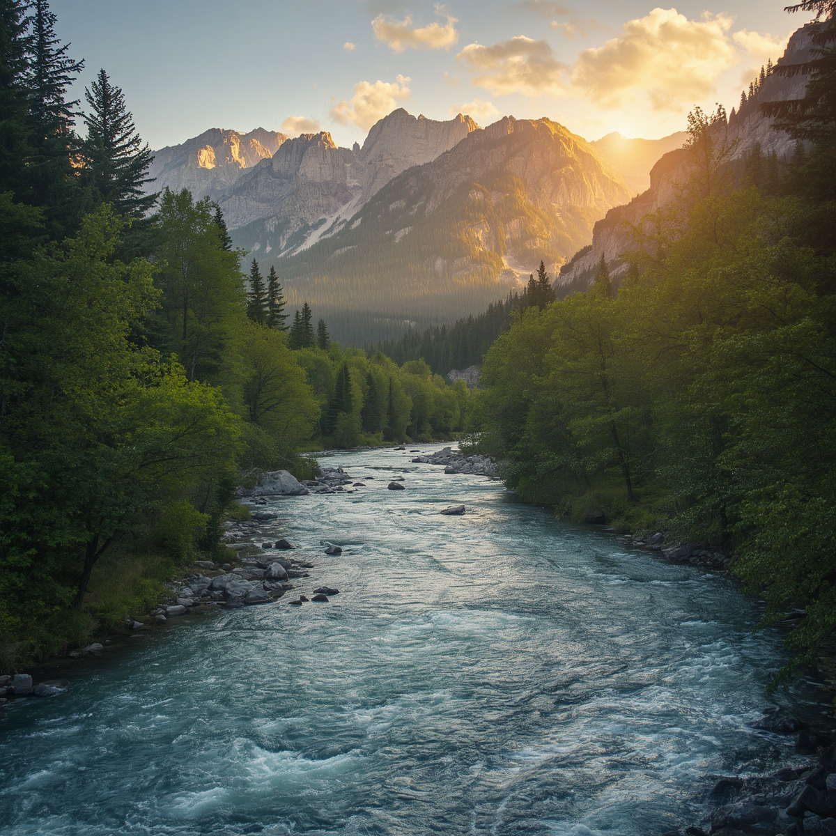 Scenic view of a mountain river with lush green trees on both sides, rocky riverbanks, and towering mountains in the background illuminated by the setting sun.