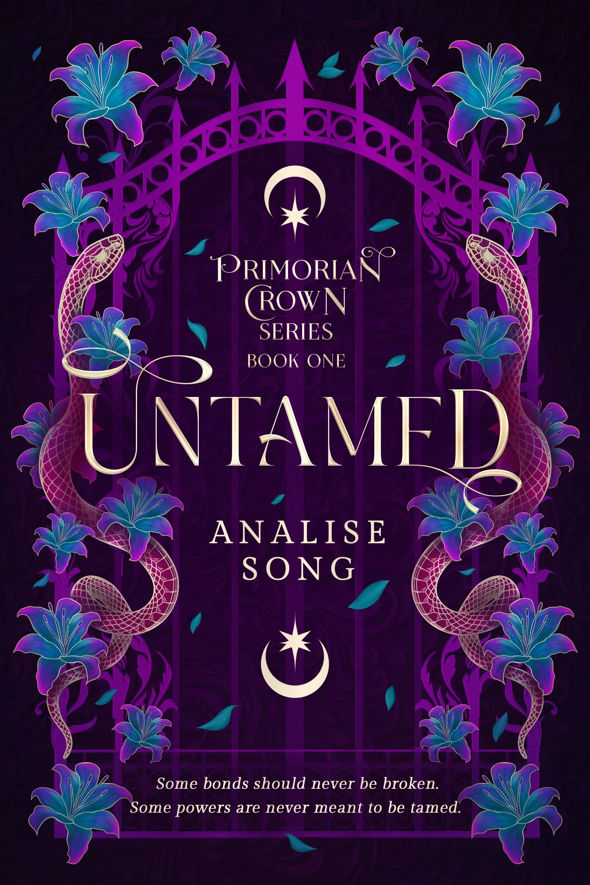 Cover of a book titled 'Untamed' by Analyse Song, part of the Primordial Crown series. The cover features purple gothic gate design with blue flowers, crescent moons, and star symbols on a dark purple background. The subtitle reads, 'Some bonds should never be broken. Some powers are never meant to be tamed.'