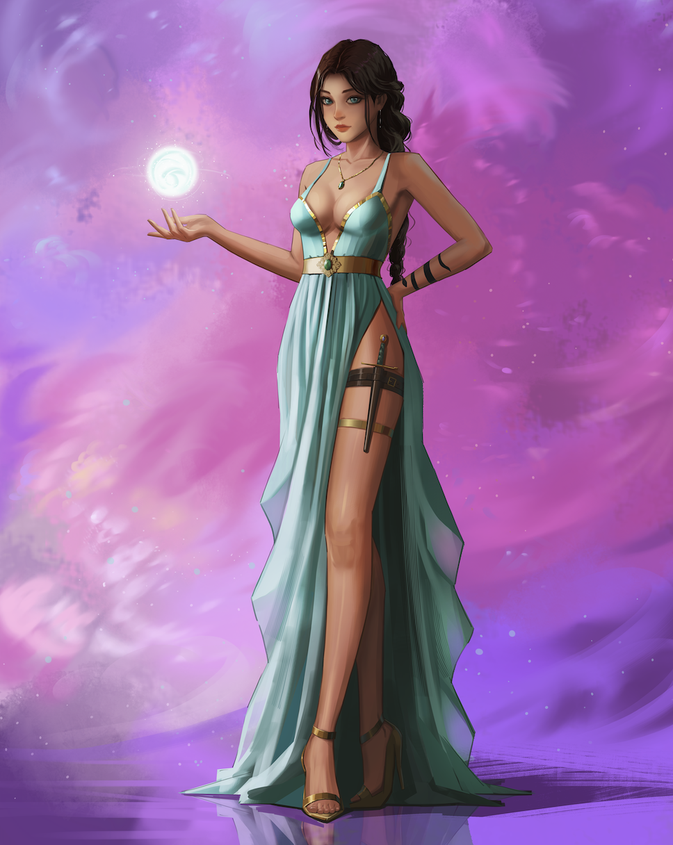 Digital art of a woman with long dark hair and green eyes, wearing a teal and gold gown with a high slit, standing against a swirling purple and pink cosmic background, holding a glowing orb.