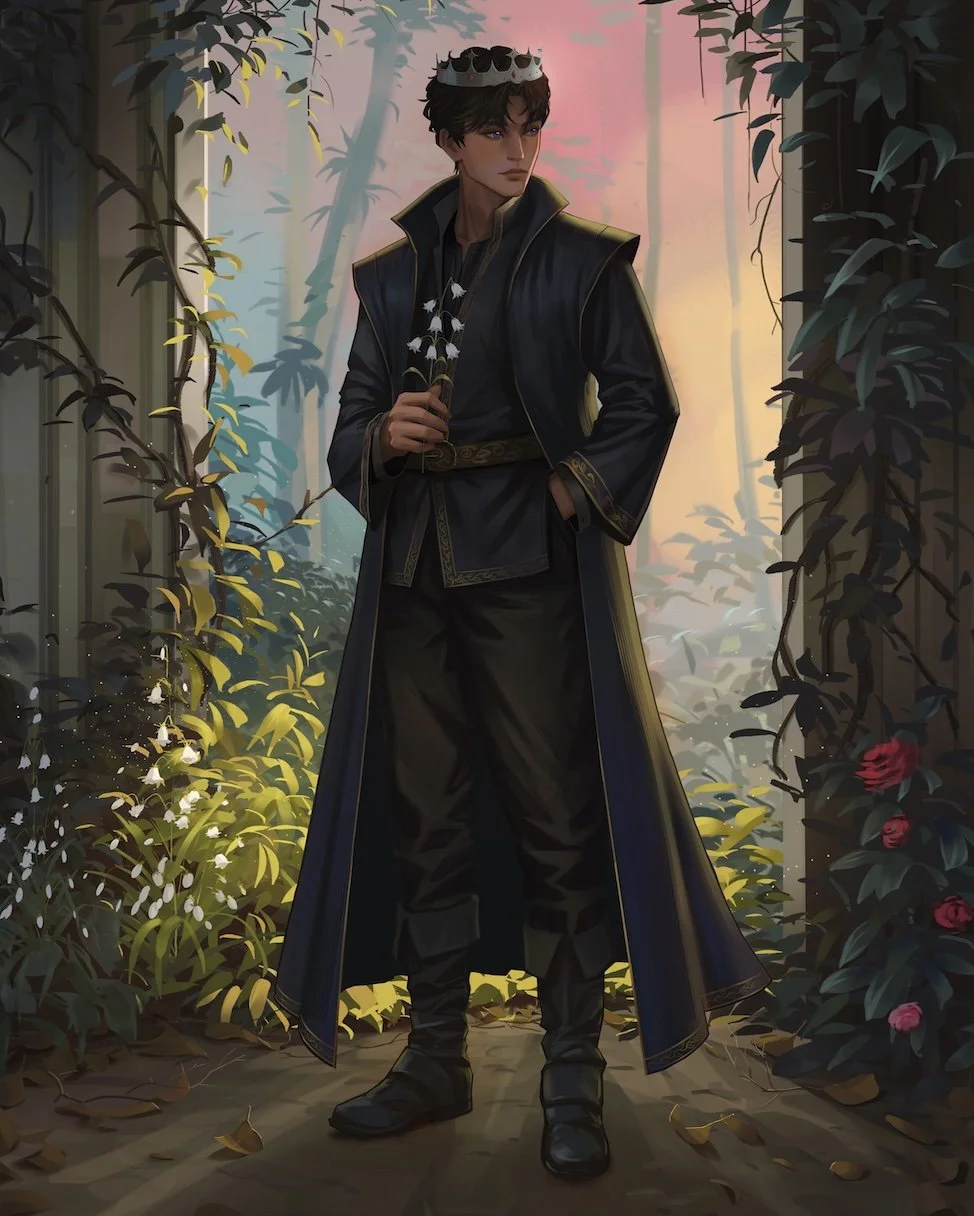 A young man wearing a crown and dark clothing stands in a lush forest with sunlight filtering through the trees, holding a flower.