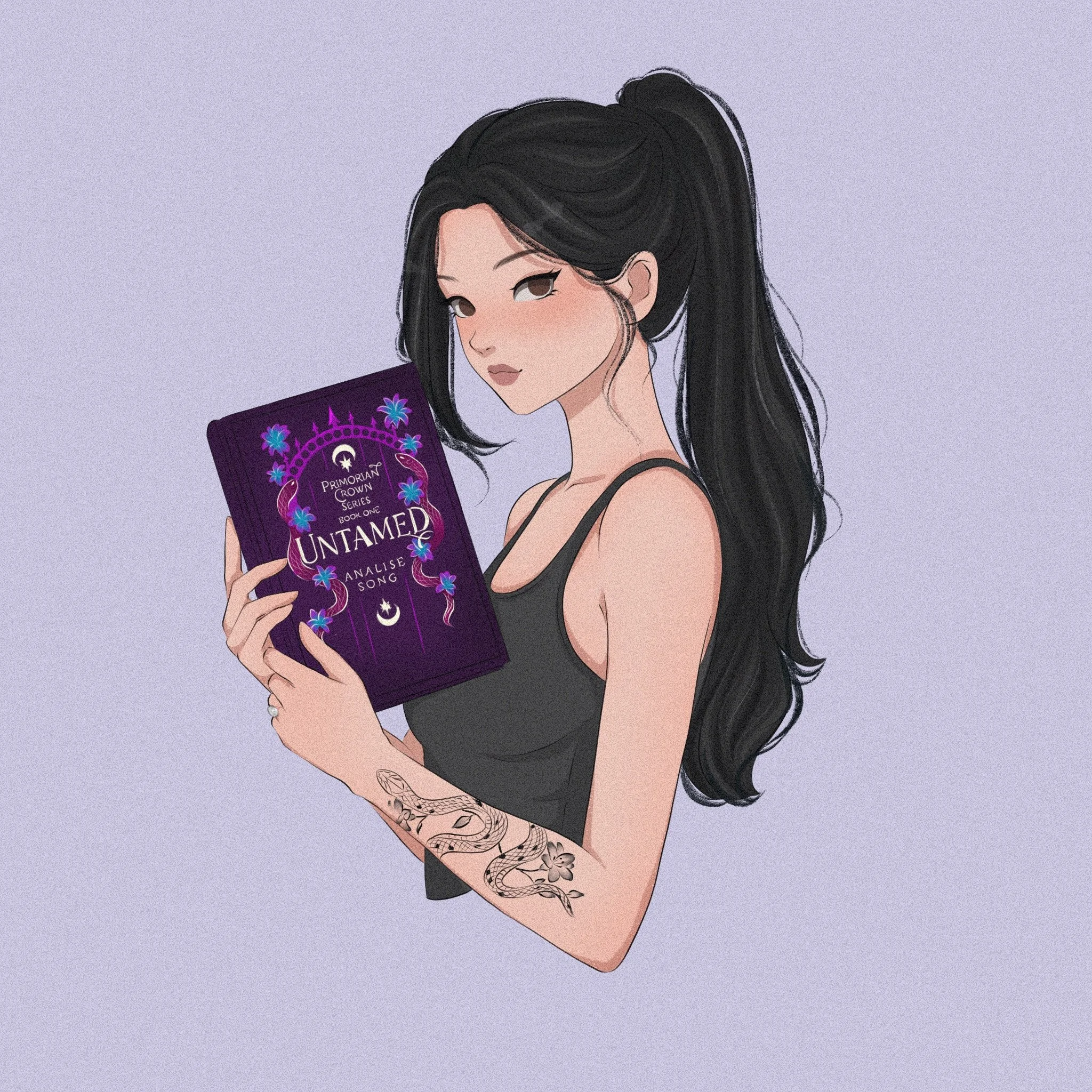 Digital illustration of a woman with long black hair, holding a book titled 'Untamed' from the 'Primorian Crown Series' by Analyse Song. She has a tattoo on her forearm and is dressed in a black tank top. The background is light gray.