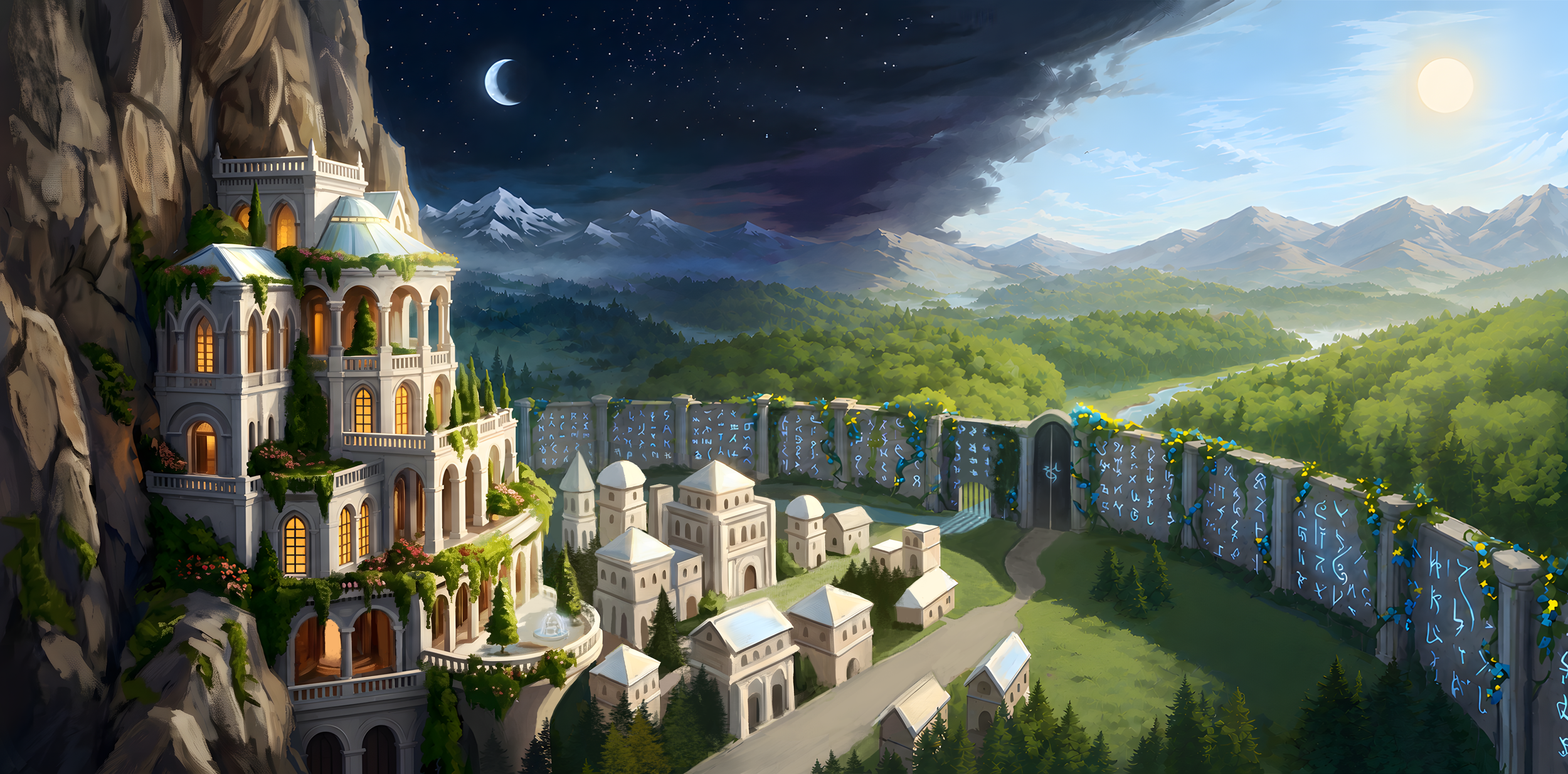 A fantasy castle built into a mountain, with glowing windows and lush greenery, surrounded by a landscape of forests and mountains under a split sky with a crescent moon and bright sun.