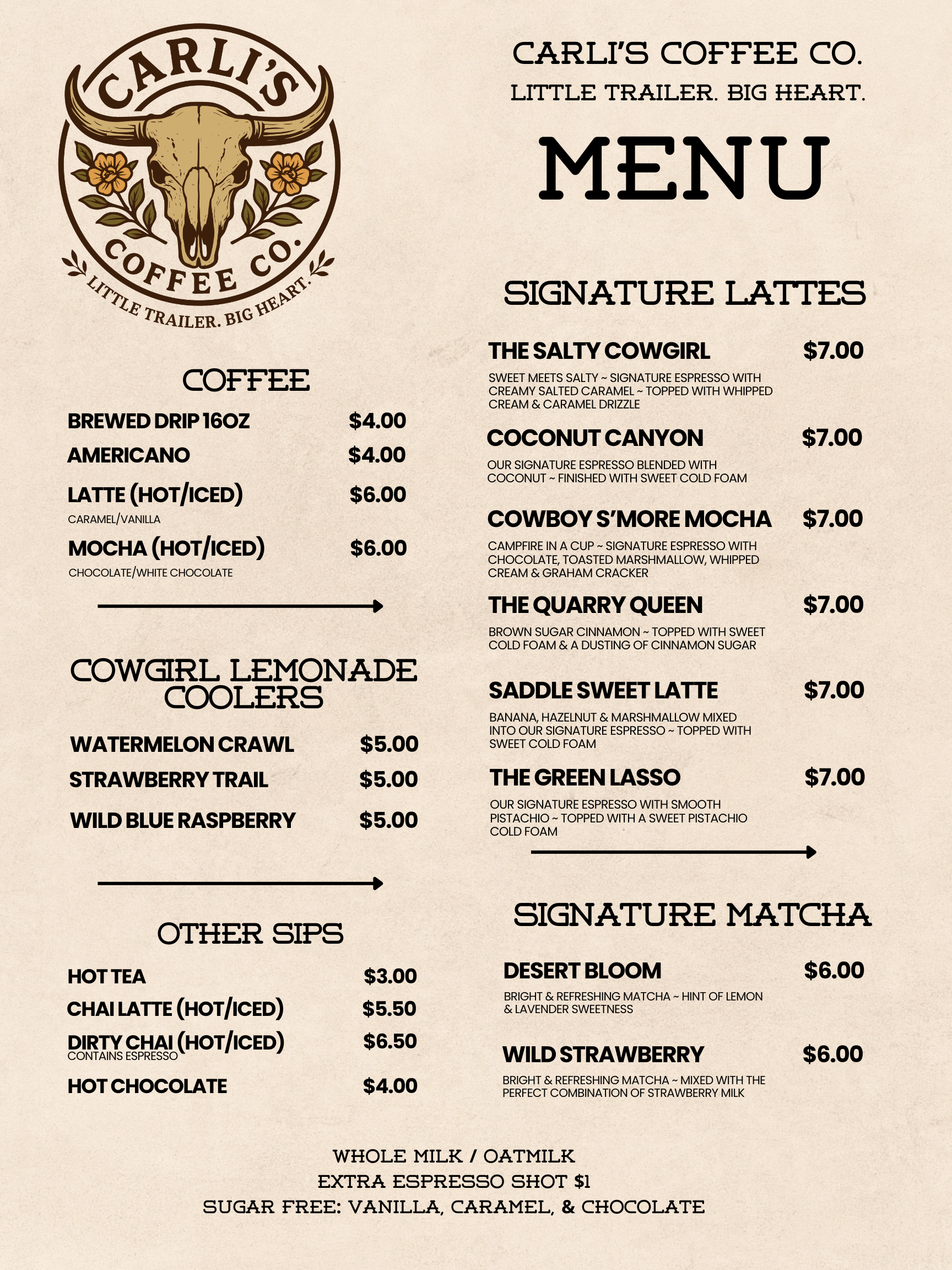 Coffee menu from Carl's Coffee Co. featuring various hot and iced coffee drinks, signature lattes, specialty drinks, and other beverages listed with prices, along with a logo of a cow skull with flowers and the slogan 'Little trailer. Big heart.'.