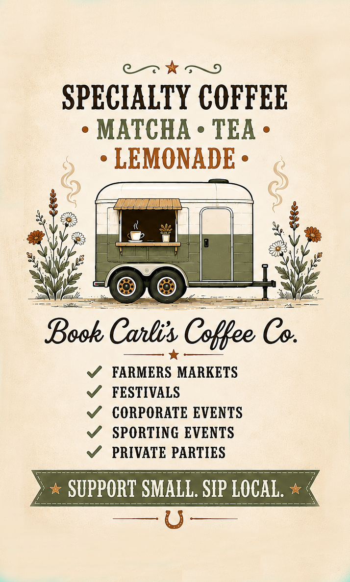 Poster advertising Book Carli's Coffee Co., featuring specialty coffee, matcha, tea, and lemonade, with an illustration of a vintage trailer and flowers, encouraging support for small local businesses.
