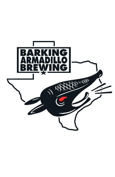 Logo of Barking Armadillo Brewing with a stylized armadillo in front of an outline of Texas.
