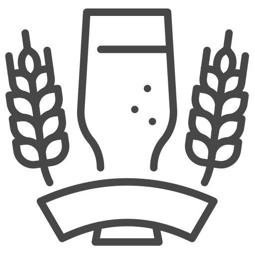 Icon of a beer glass with bubbles, flanked by wheat stalks.