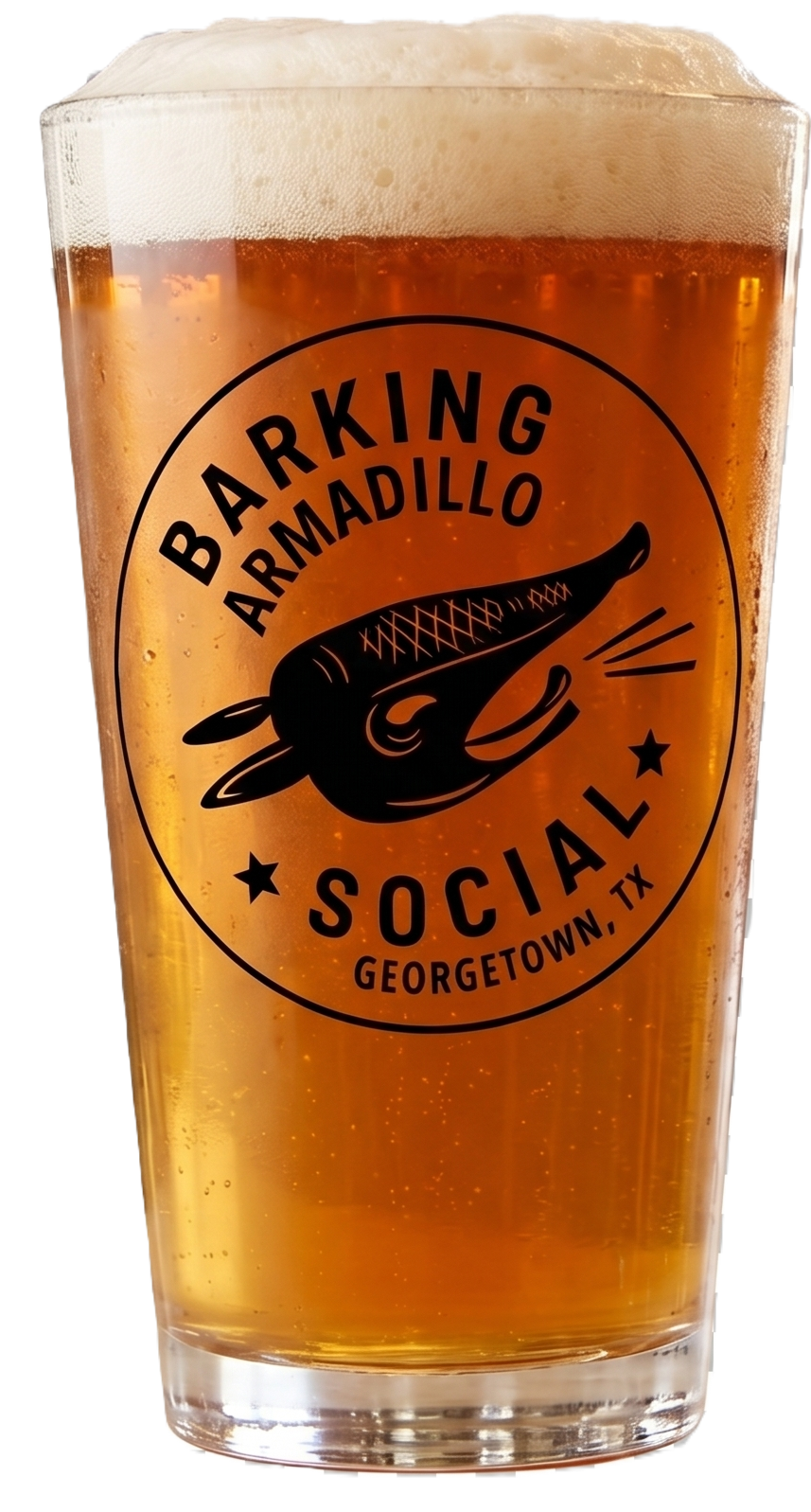 A pint glass filled with amber-colored beer topped with foam. The glass has a logo featuring a fish skeleton and the text "Barking Armadillo Social, Georgetown, TX."