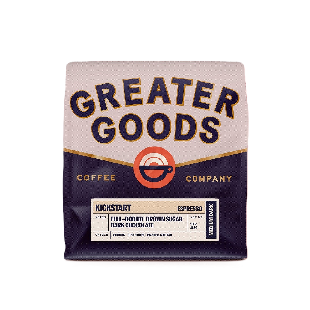 Packaging of Greater Goods Coffee Company Kickstart espresso coffee bag with dark chocolate, brown sugar, and full-bodied flavor, medium dark roast, 10 oz (283 g).