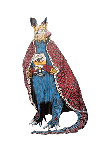 A colorful illustration of a dinosaur with a crown, holding a beer mug with a fish on it, wearing a cape, and standing upright.