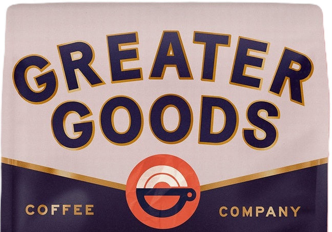Sign for Greater Goods Coffee Company with logo featuring a coffee cup in a circular design