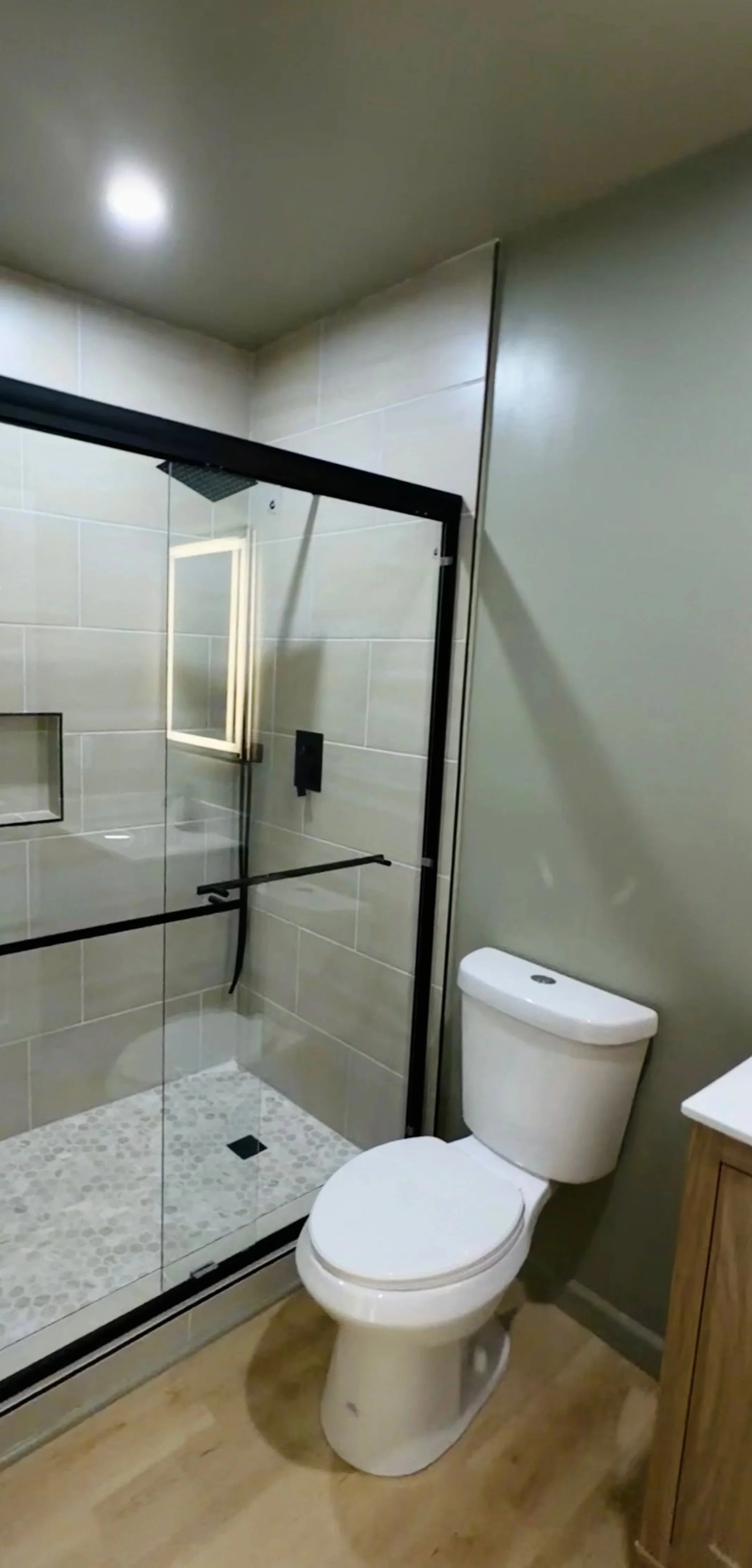 Bathroom with a glass-enclosed shower, a white toilet, and a wooden cabinet.