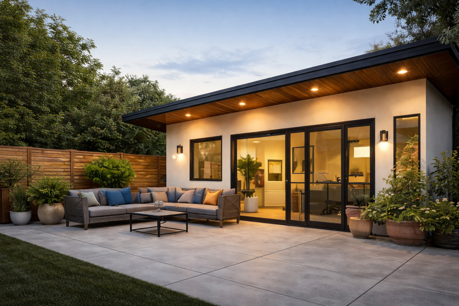 Modern backyard patio with outdoor sofa, potted plants, and a view of the house interior at dusk.