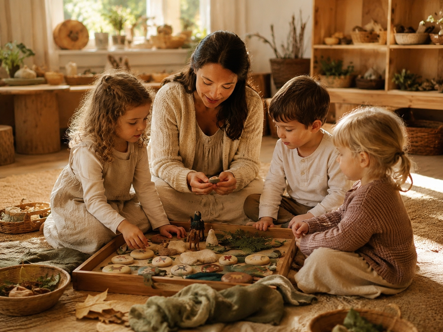 A woman and four children are sitting on the floor in a cozy, wooden room, engaging with a tray of painted stones and small figurines, surrounded by natural decor and shelves with plants and baskets, enjoying a creative activity.