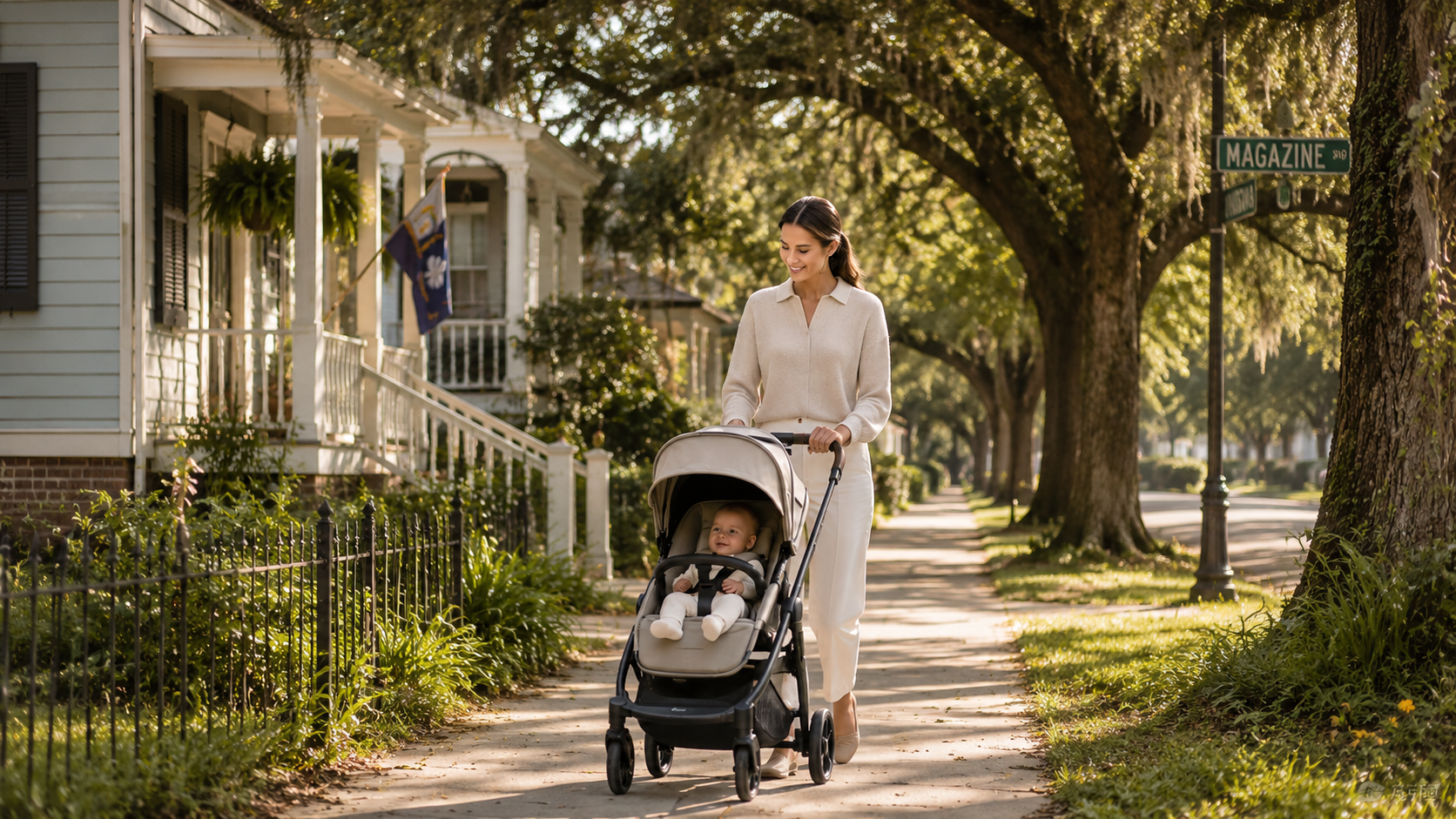 A woman pushing a baby stroller on a tree-lined sidewalk in a residential neighborhood during daytime.