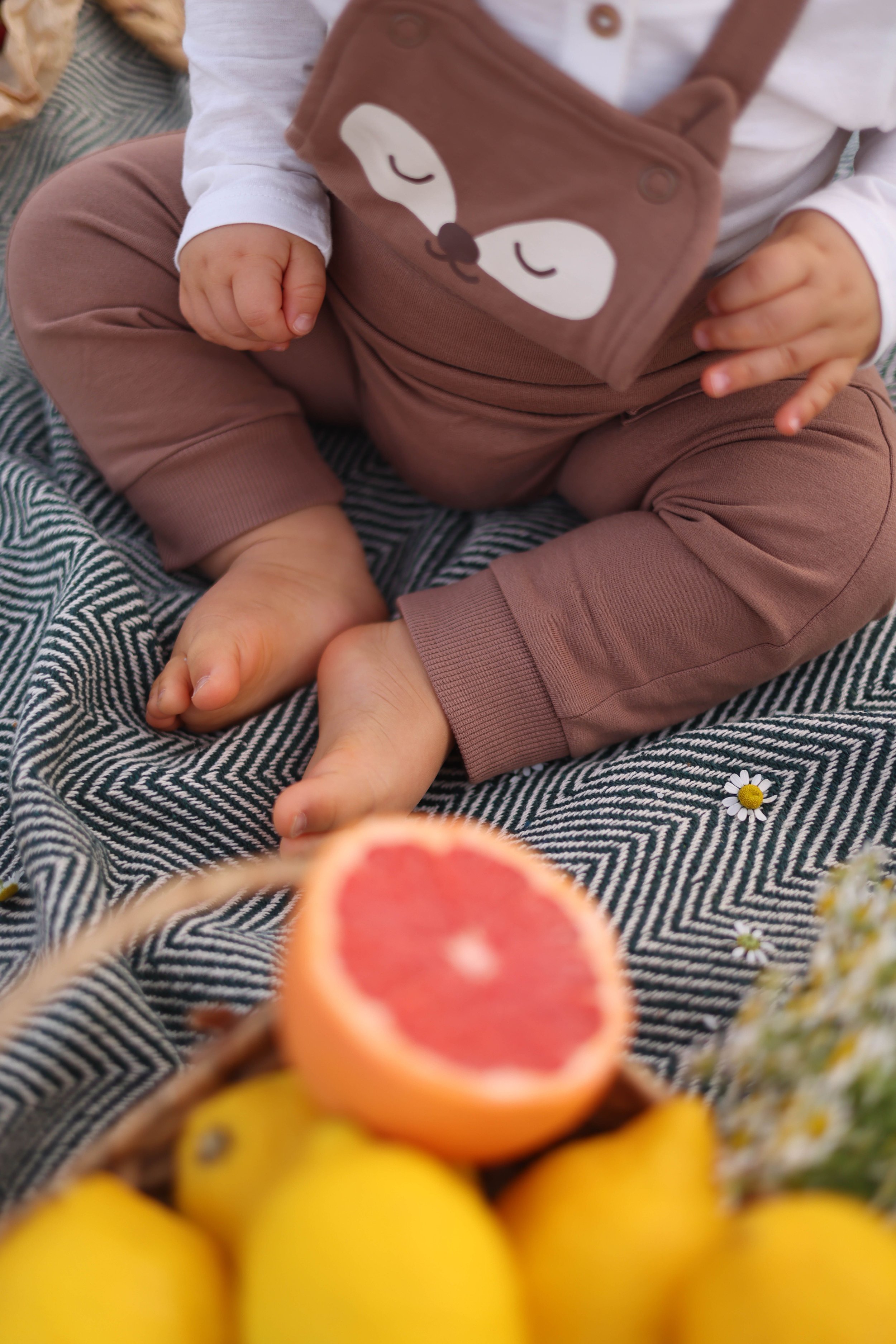 Close-up of a colorful fruit bowl with yellow lemons, red grapefruit, and other fruits, with a blurred patterned fabric background.