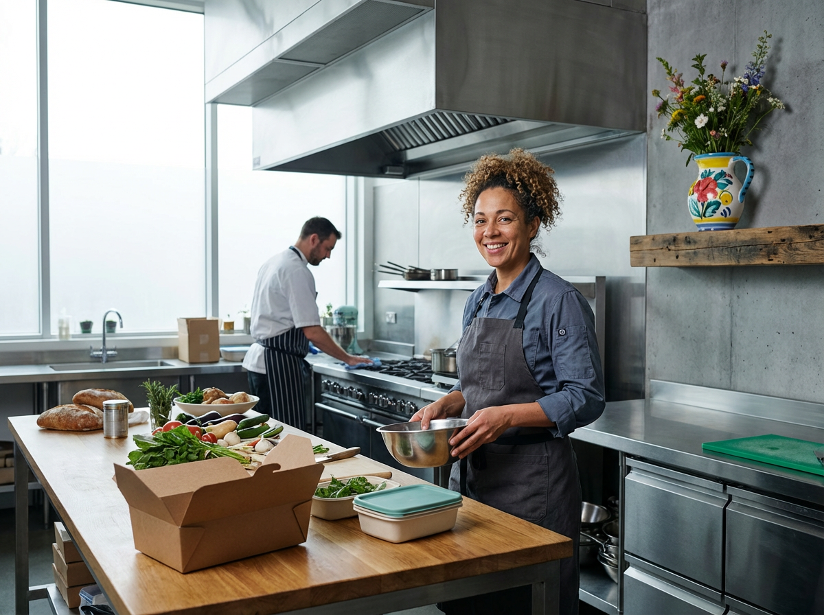 A woman smiling while preparing food in a modern kitchen with a man in the background cooking. The kitchen countertop has fresh vegetables, bread, and other ingredients.