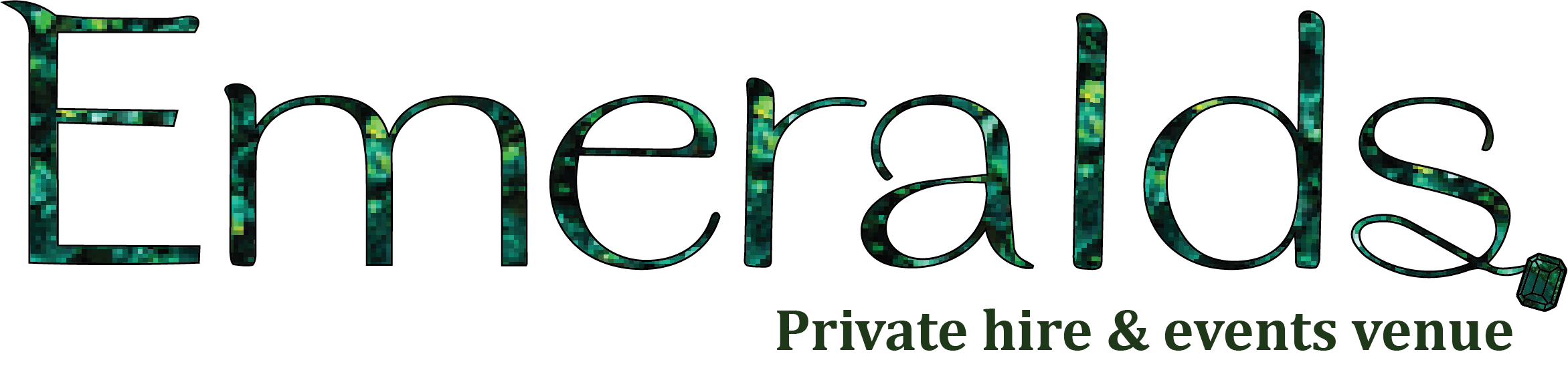 Logo for Emeralds, a private hire and events venue, with the word 'Emeralds' in multicolored, mosaic-style text and a small geometric gem icon below the 's', along with the tagline 'Private hire & events venue' in dark green.