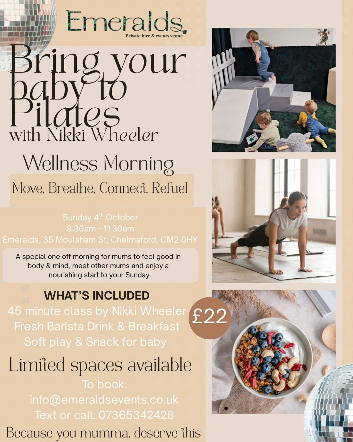Don&rsquo;t miss out on Sundays morning of mindfulness 🧘&zwj;♀️ Bring your baby, bring your mat and prepare for a relaxing morning of pilates @pilateswithnikki_ followed by a delicious breakfast and a fresh barista hot drink ☕️ 🍽️ Soft play and hom