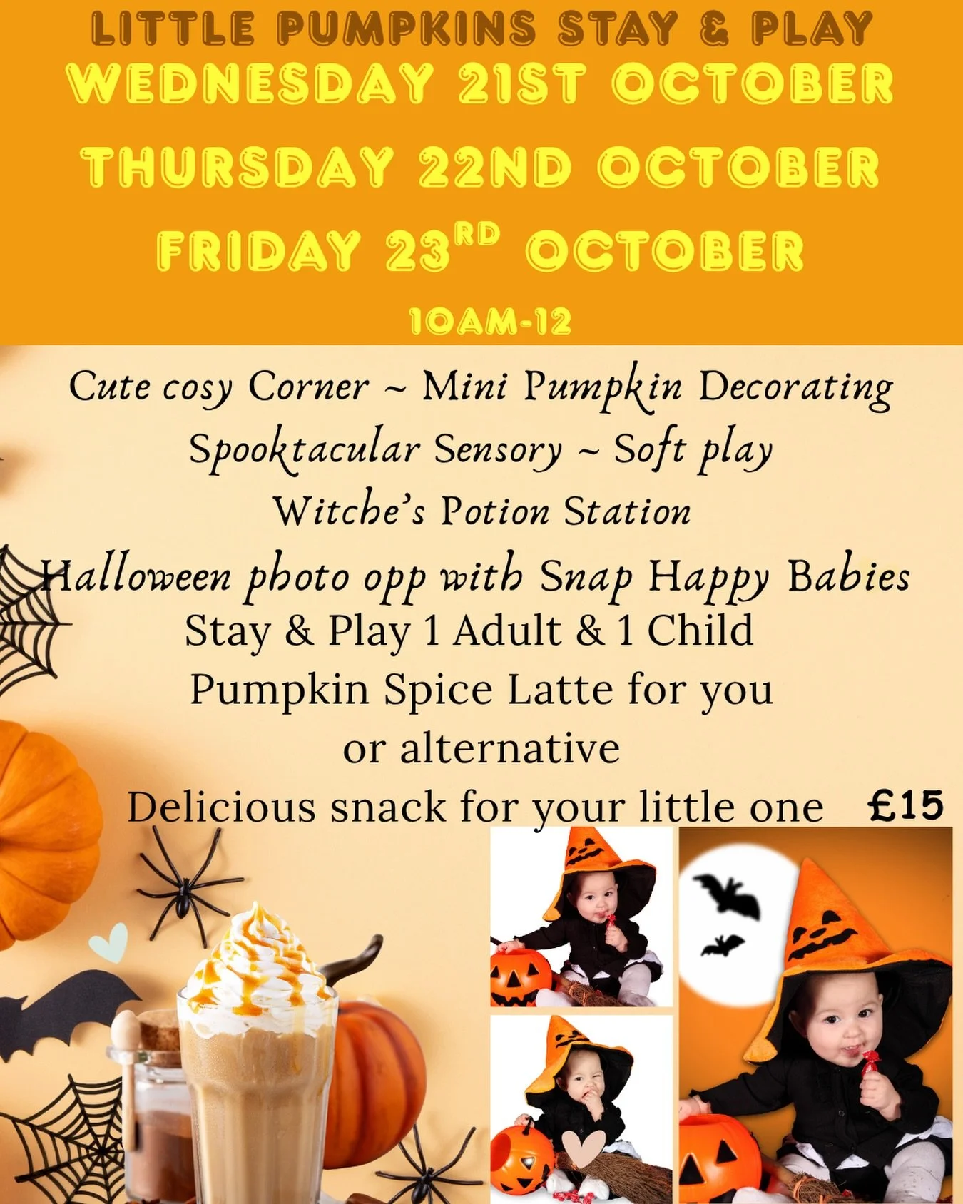 Two extra dates added by popular demand 🎃 👻 🎃 
Our Little Pumpkins Stay &amp; Play is now a THREE-DAY Halloween treat 🧙 ☕️ 🧁 

We&rsquo;ve added Wednesday 21st &amp; Friday 23rd October alongside Thursday 22nd, giving you more chances to join th