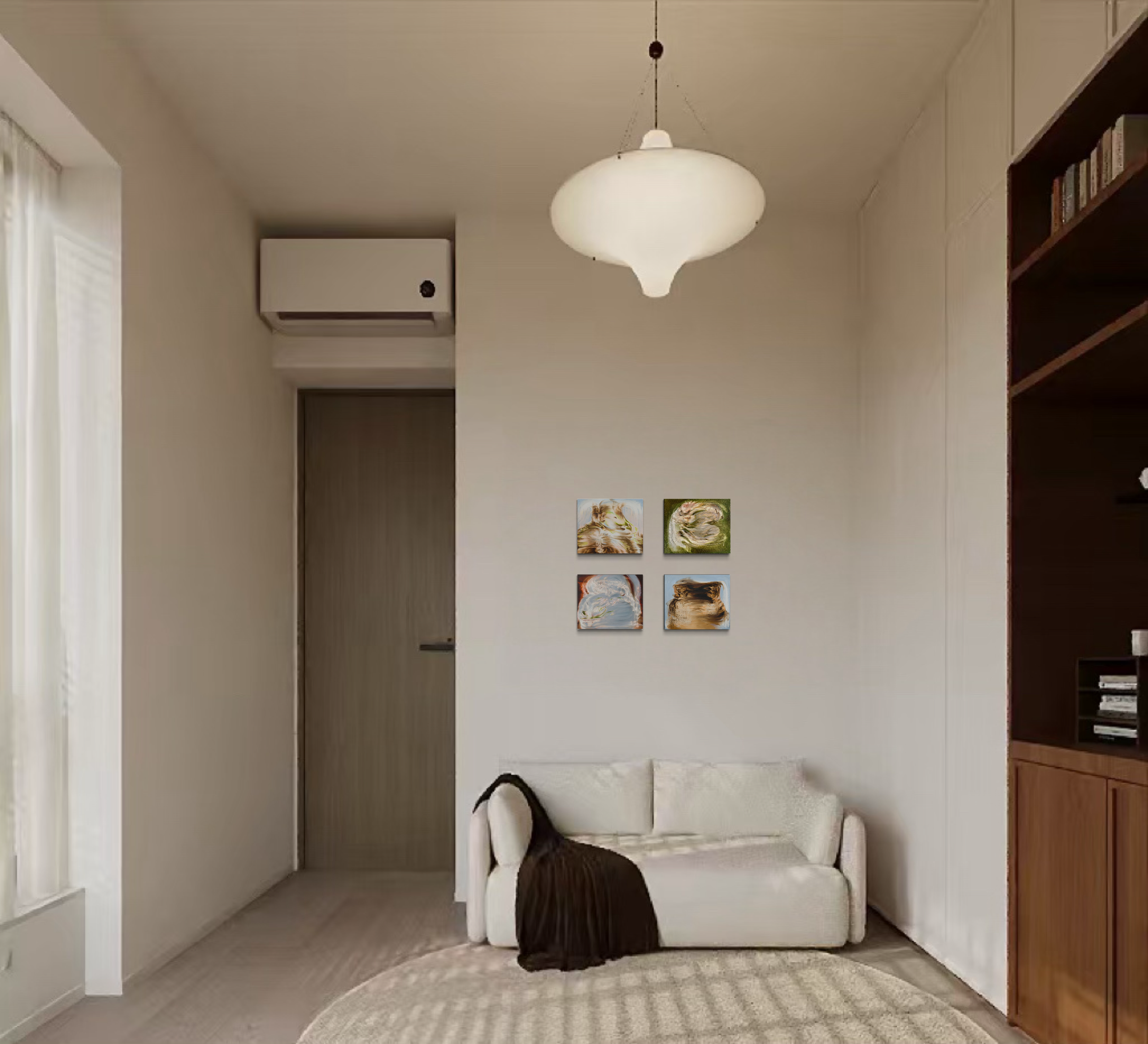 Home office with white walls, a white sofa with brown throw blanket, a round beige rug, 4 pieces of wall art by artist Chantal Khoury, a window with white curtains, an air conditioning unit, a bookshelf, and a ceiling light.