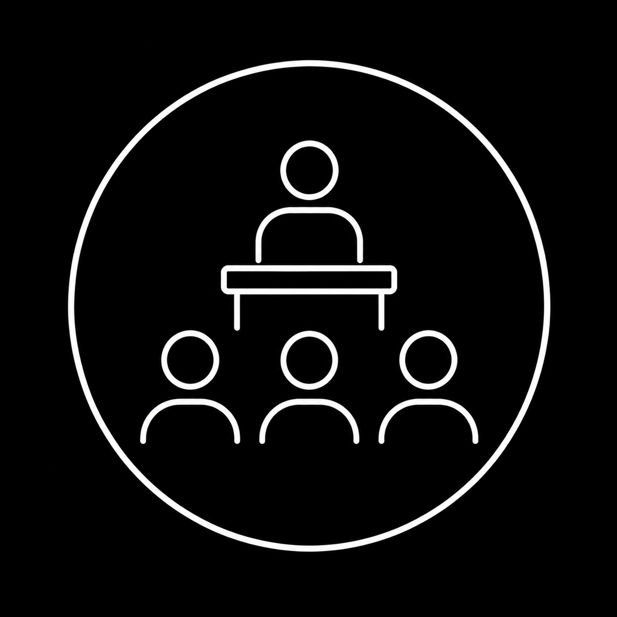 Line drawing of a person speaking at a podium in front of three seated people, inside a circle on a black background.