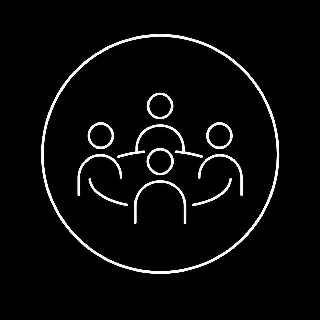 Neon outline of five people sitting around a circular table, representing a meeting or discussion.