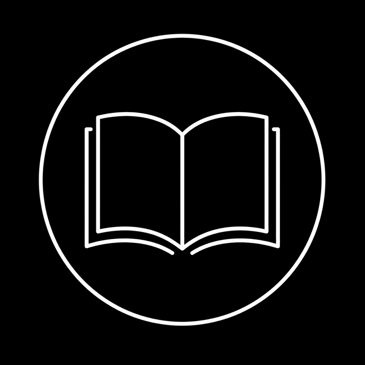 Neon outline of an open book inside a circle on a black background.